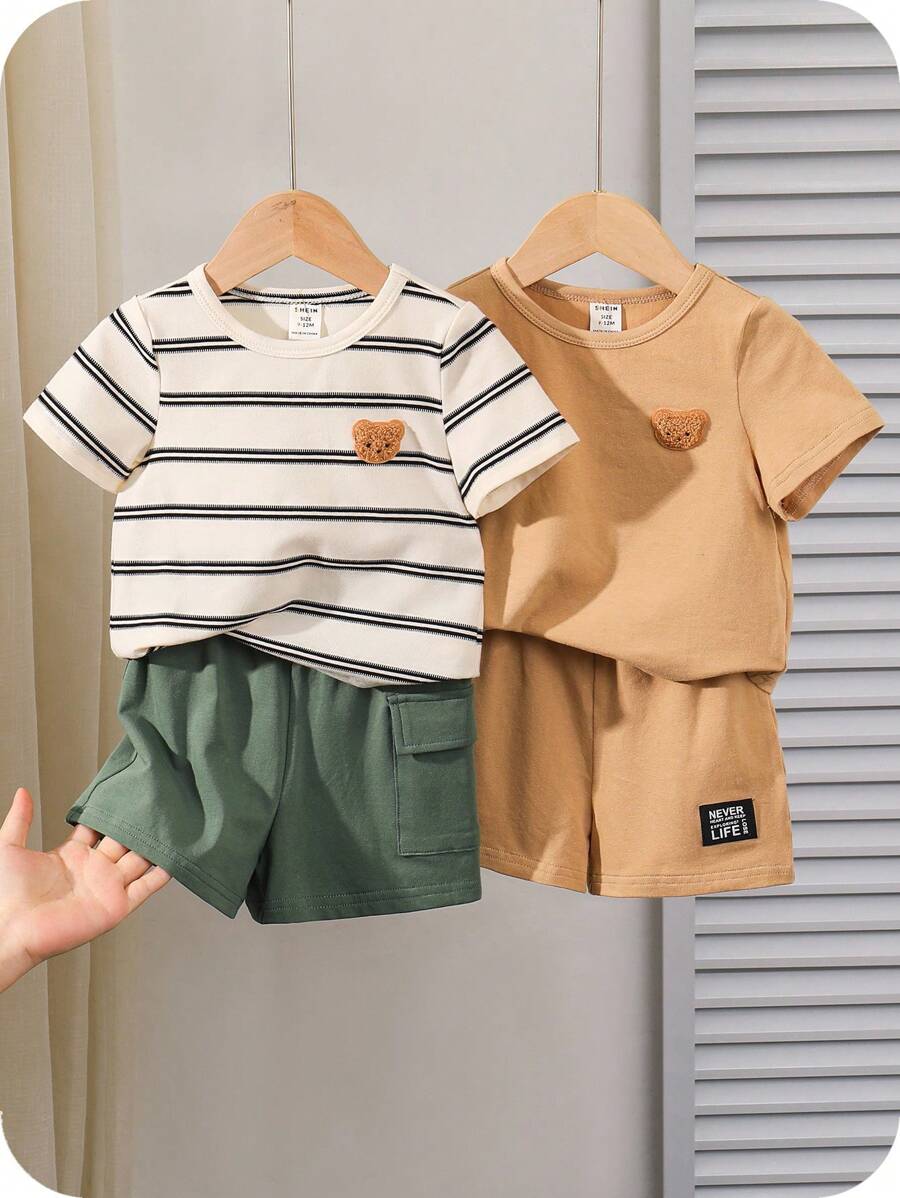 SHEIN 4pcs/Set Baby Boy/Girl Summer Korean Style Casual Cute Cartoon Pattern Striped Short Sleeve T-Shirt & Elastic Waist Shorts Outfit