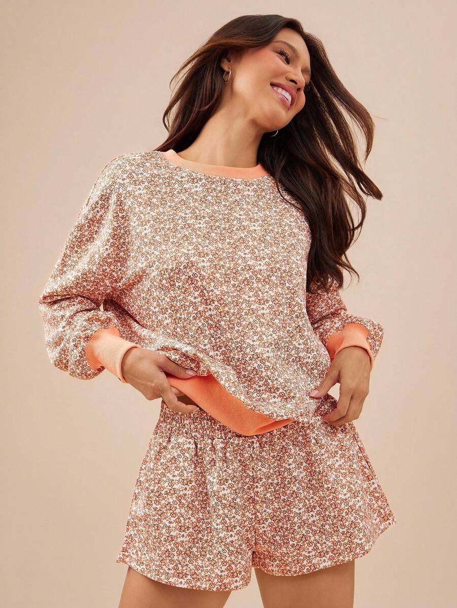 WESTFADE Spring Floral Printed Oversized Crew Neck Long Sleeve Sweatshirt 90s Graduation,Back To School Outfits,Graduation,Teacher Outfits For Women,Back To School