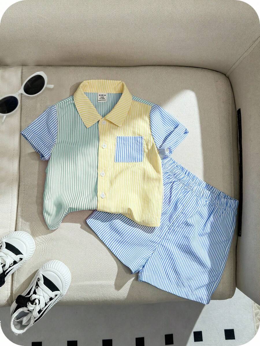 SHEIN Conjunto de cárdigan de manga corta con solapa de bolsillo con parche decorado con bloques de colores y pantalones cortos para bebé niño