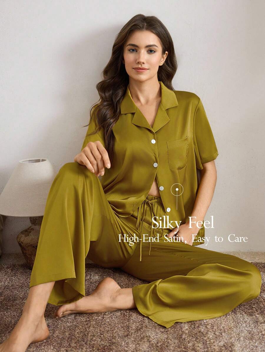 Ocili Ocili Conjunto de pijama con solapa de tela de satén suave y sedosa para mujer