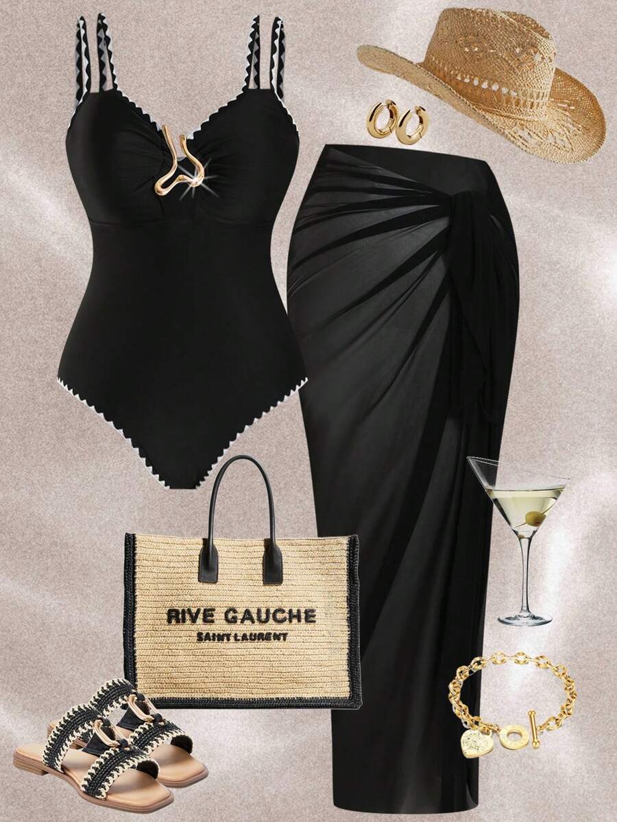 Swim Oasis Plus Size Women's Black One-Piece Swimsuit With Dual Straps & Ruffle Trim, Paired With Black Mesh Skirt, 2pcs Set For Beach Vacation For Summer