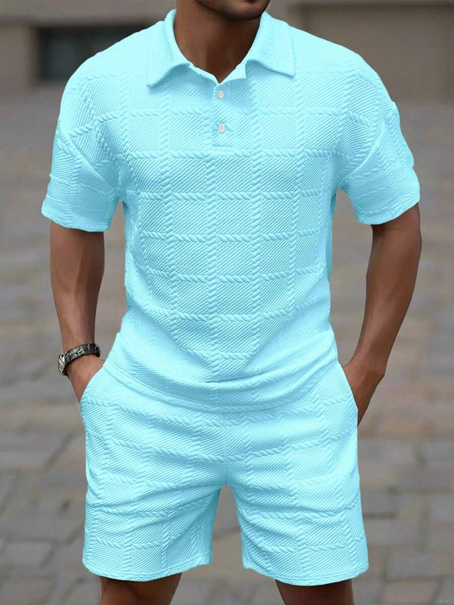 Manfinity Homme طقم بولو أكمام قصيرة وشورت كاجوال أحادي اللون، طقم رجالي قطعتين، طقم رجالي قطعتين، ملابس رجالية قطعتين