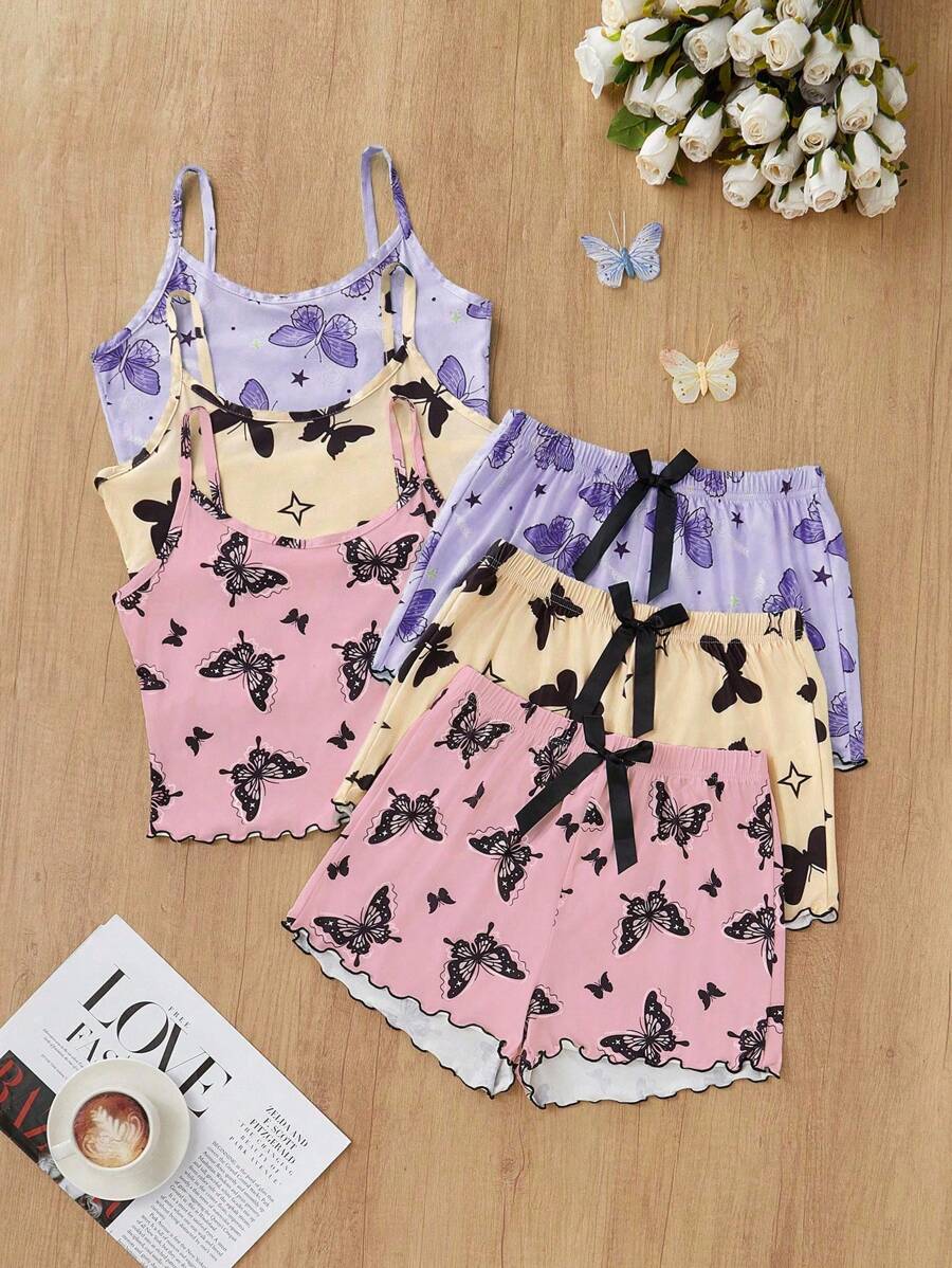 SHEIN Conjunto de pijama informal de 3 piezas con estampado de mariposas, pantalones cortos y tirantes