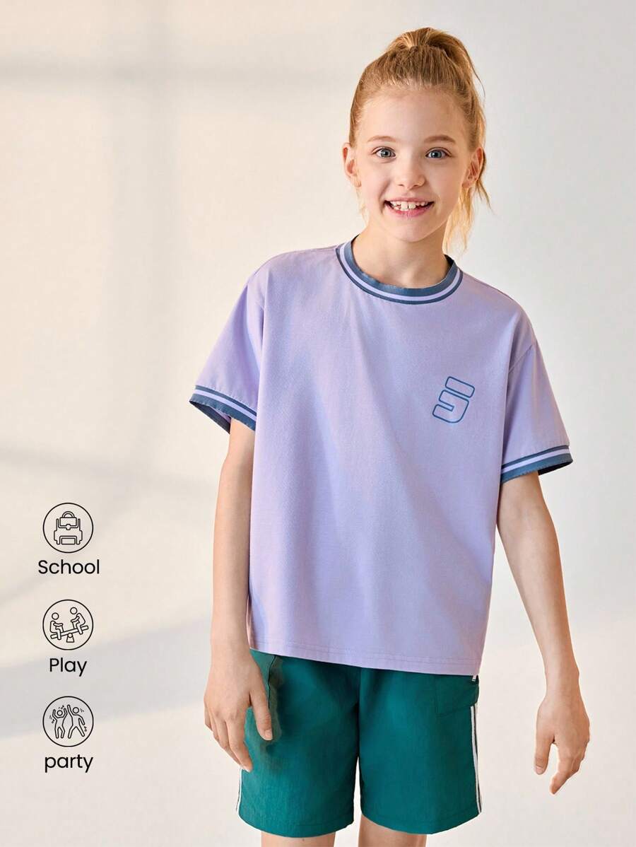 JNSQ T-shirt à manches courtes de sport décontracté pour la rentrée scolaire, T-shirt en coton à col ras-du-cou nervuré avec couleur contrastée pour enfants