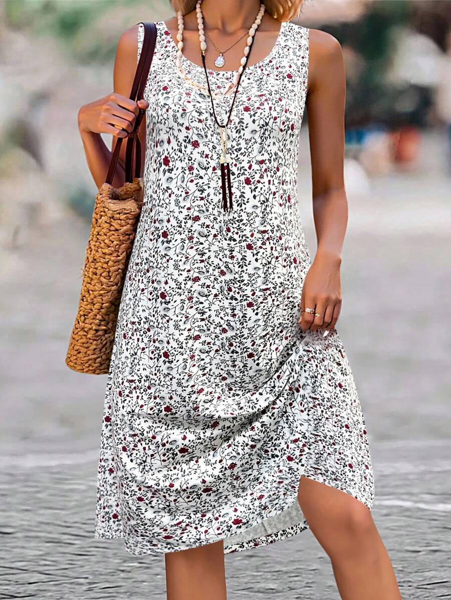 SHEIN LUNE Plus Size Women Floral Print Crew Neck Sleeveless Tank Dress, For Summer