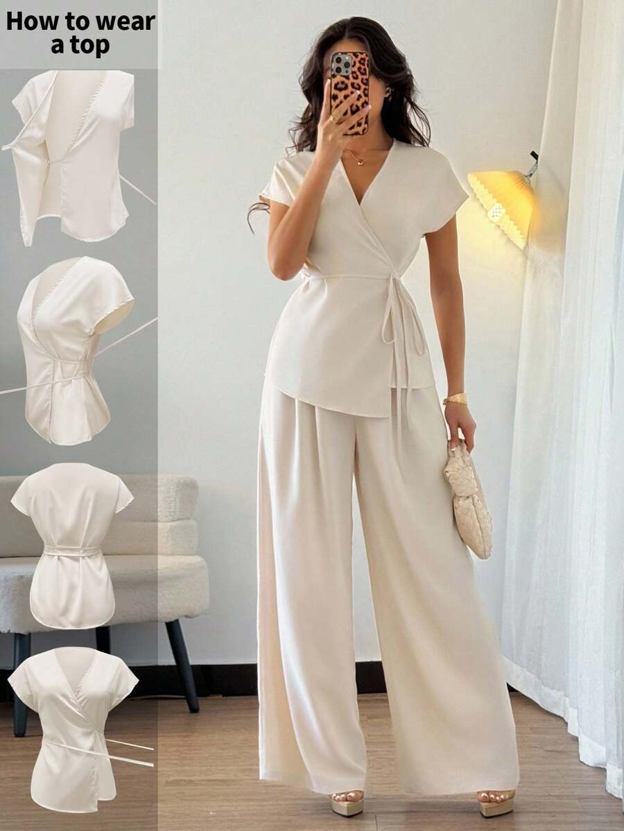 Elenzga Conjunto de 2 piezas para mujer compuesto por blusa de manga tipo murciélago y pantalones anchos de pierna ancha en color albaricoque trenzado, adecuado para citas, el lugar de trabajo, el trayecto y la oficina casual