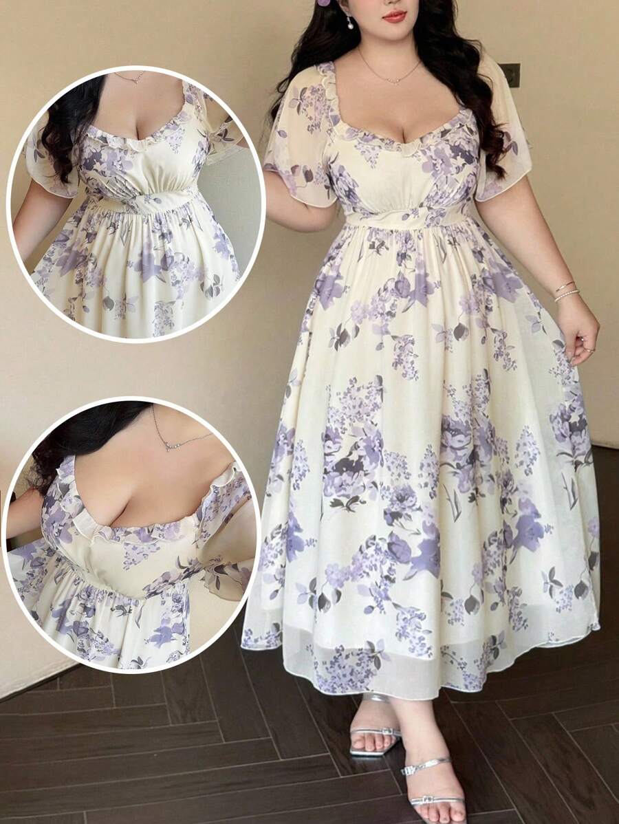Vibekara Plus Size Women's Spring/Summer Square Collar Ruffle Sleeve Short Sleeve Elegant Resort Vintage Cute Casual A-Line Floral Print Chiffon Maxi Dress