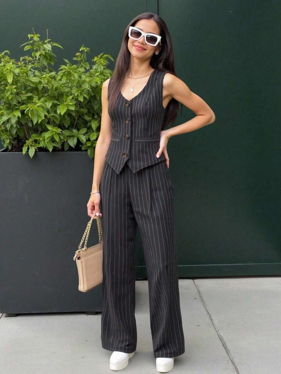 SHEIN 2pcs Set Teenage Elegant Dinner Striped Vest + Suit Pants