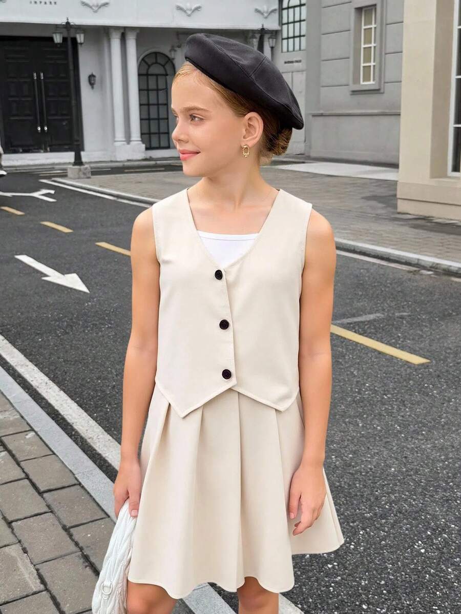SHEIN Conjunto de 3 piezas para niñas preadolescentes: Top de camisola blanco, chaleco de escote en V y falda plisada, ropa de oficina elegante