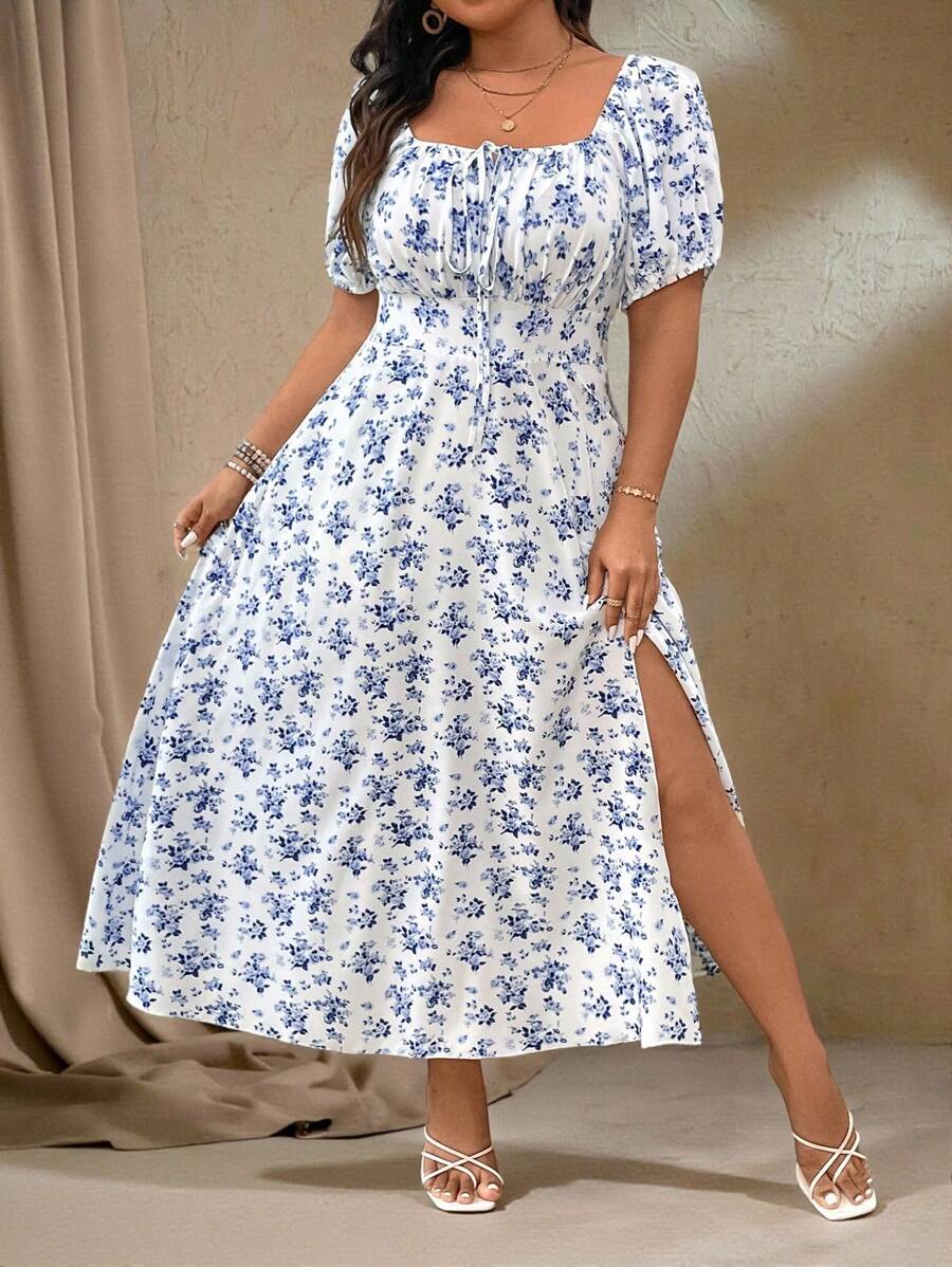 Roveilla Outfit elegante da donna con stampa floreale, polsini corti, orlo con spacco laterale, per taglie forti, adatto per l'estate e le vacanze