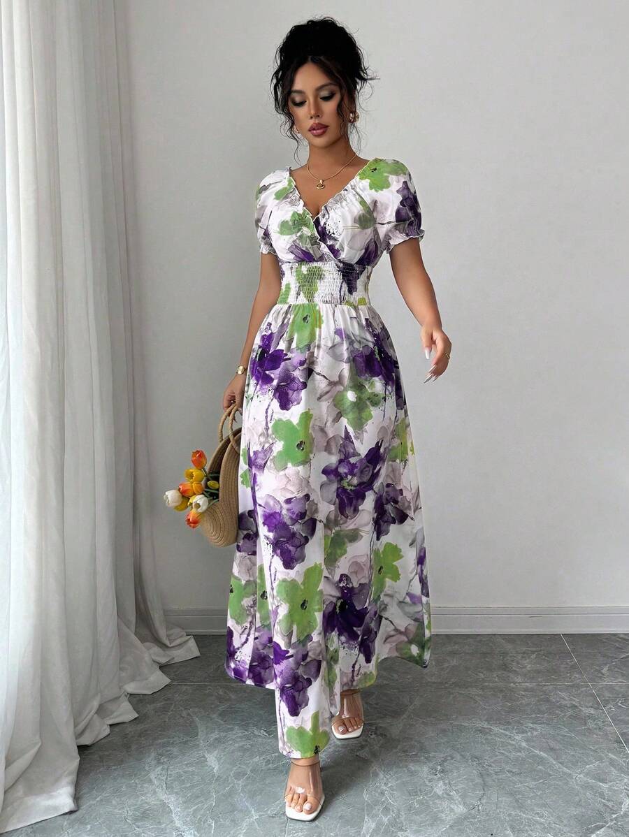Elenzga Vestido largo con cuello en V y manga corta con estampado floral colorido para mujer