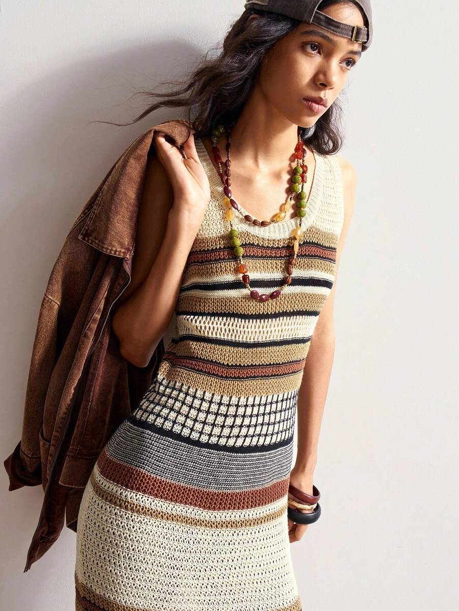 Bohemela Robe décontracté en tricot à col rond sans manches à rayures pour femme