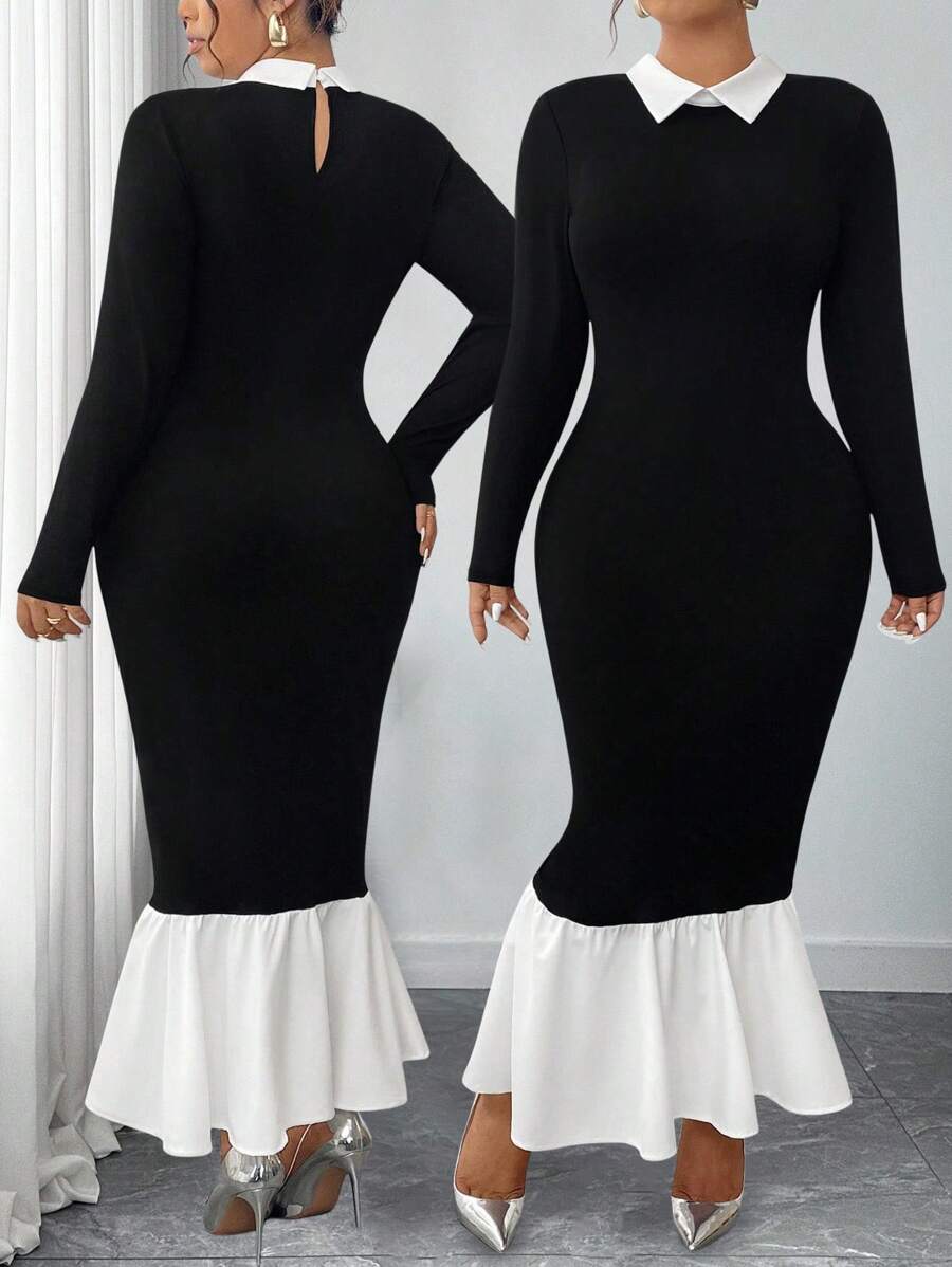 Elenzga Plus Size Elegant Color Block Patchwork Fishtail Dress