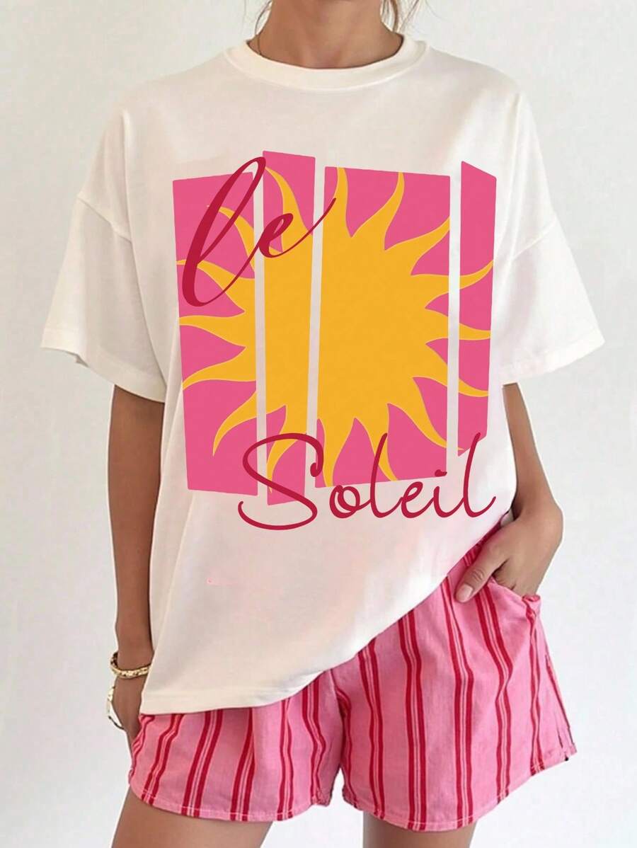 DrmWander Una camiseta de verano casual, holgada y estilizadora con cuello redondo para damas, con estampado de sol y parches