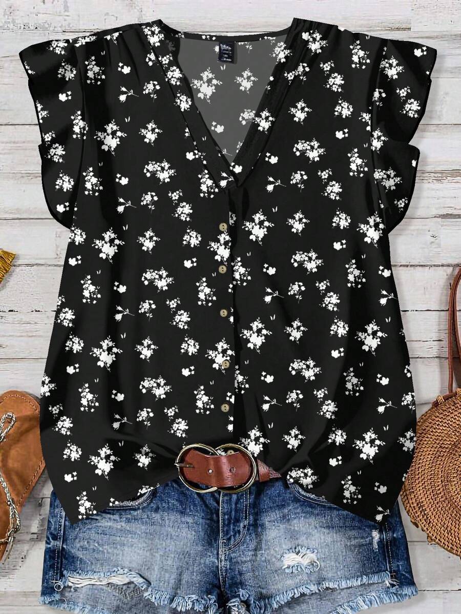 EMERY ROSE Ropa de mujer talla grande Estilo casual diario y vacacional Blusa suelta con escote en V, mangas cortas y estampado floral en blanco y negro para el verano