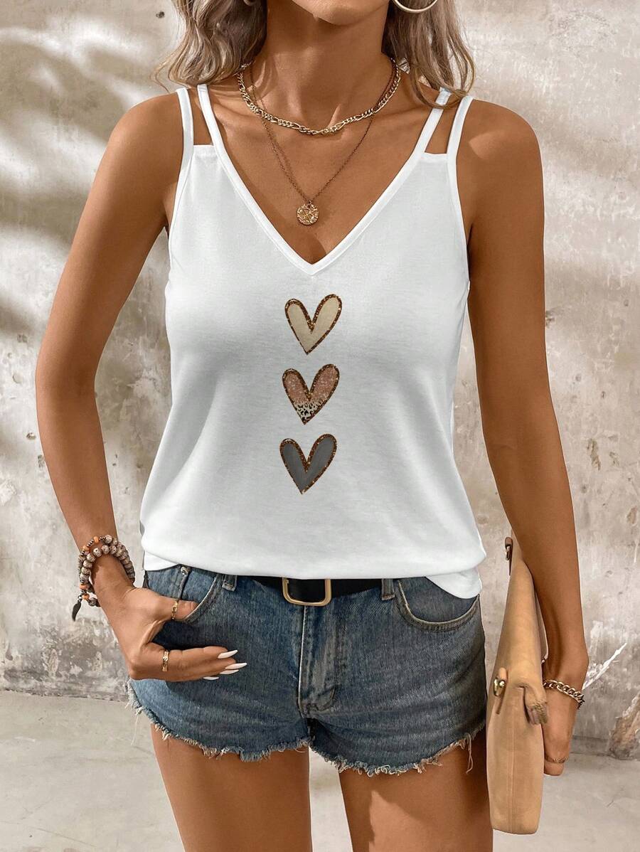 SHEIN LUNE Camiseta sin mangas casual de mujer con cuello en V y holgada, con tirantes ajustables, estampado de corazón, adecuada para el verano