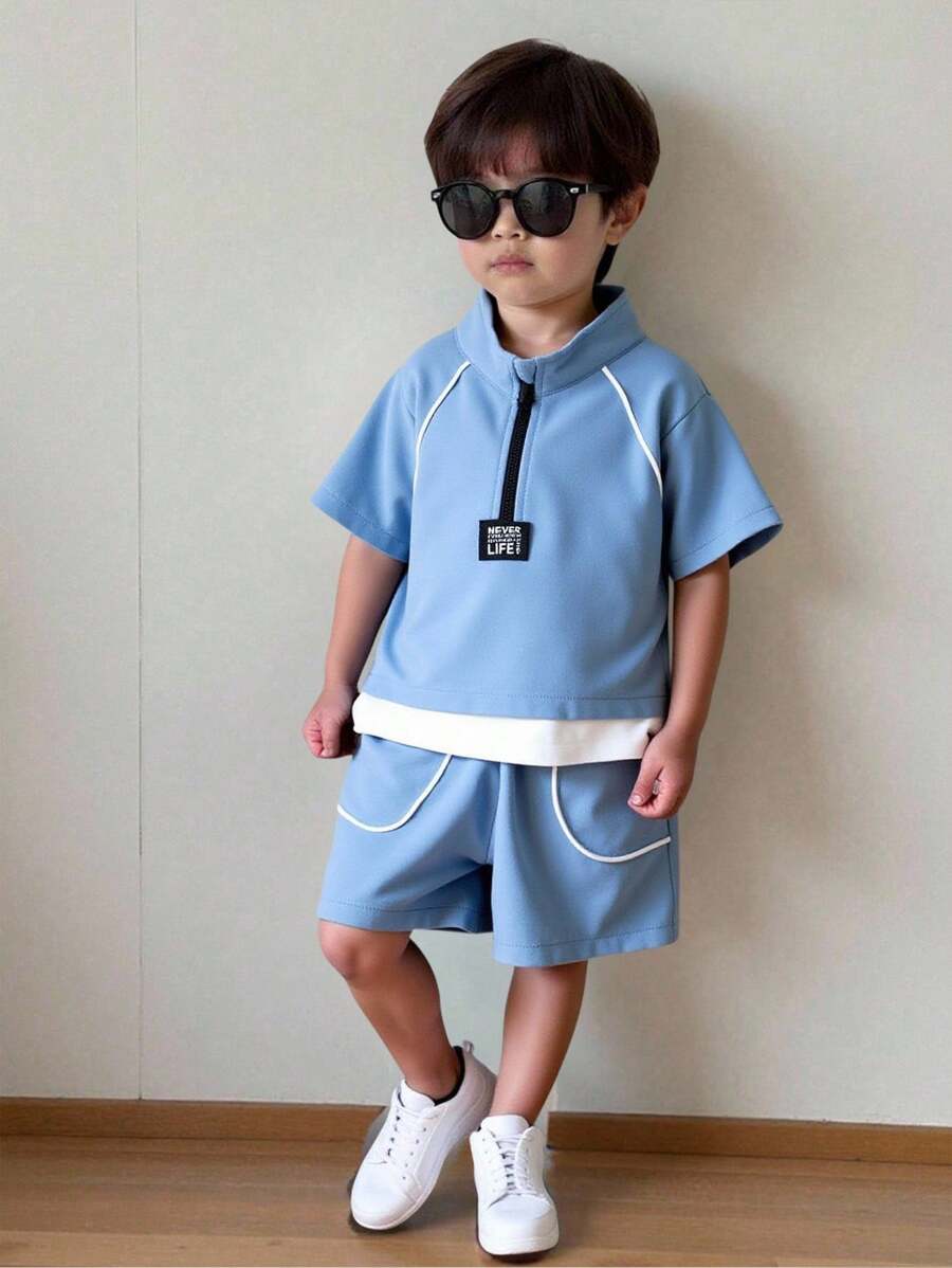 Set de 2 piezas para niño pequeño: Chaqueta casual azul de manga corta y cuello alto, y pantalones cortos. Apto para vestuario de niños, ropa de niño, de vuelta al colegio, conjuntos para niños, adecuado para fiestas de cumpleaños, fiestas de noche, actuaciones, bodas, ceremonias de apertura, uso diario, colegio, viajes, deportes