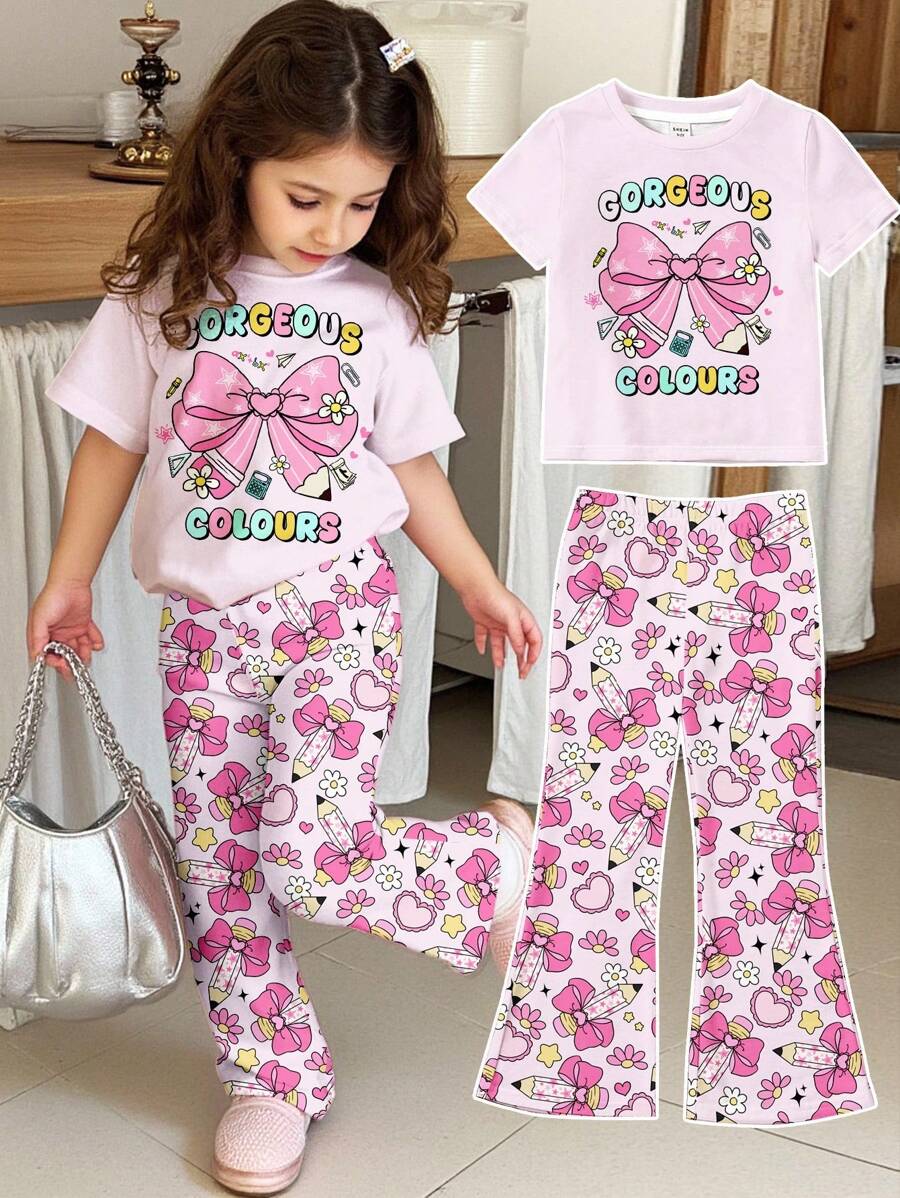 SHEIN 2pcs Cute Floral & Bow Print Casual Cartoon Pattern Round Neck Short Sleeve Top And Flare Pants Set, Suitable For Summer, Back To School Outfit, 2000s/Y2K/Korean Style