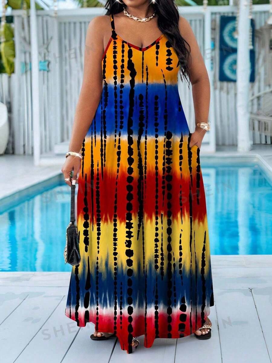 SHEIN Lady Vestido de tirantes con estampado de teñido anudado, patrón de contraste de puntada, estilo casual de primavera y verano, vestido playero de bola con correas, vestido de talla grande, vestido a cuadros, vestido africano