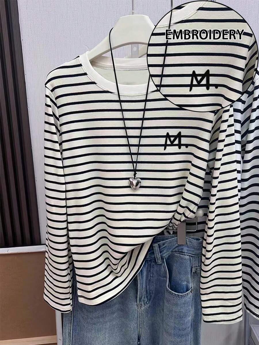 SHEIN Women's Letter Print Striped Casual Crew Neck Long Sleeve T-Shirt