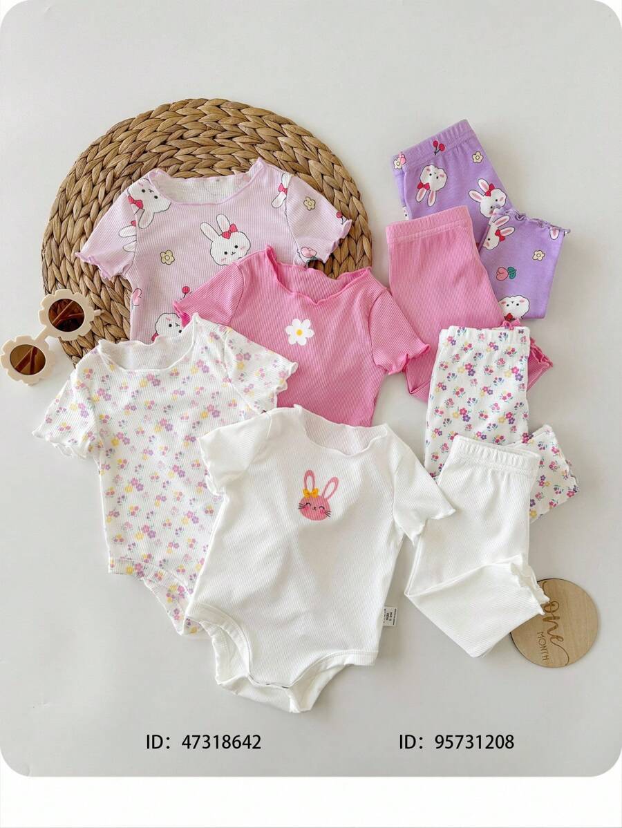 SHEIN Newborn Baby Girl Cute Casual Knitted Elastic Cartoon Pattern Waist Pants (Sold Separately As Top And Bottom)