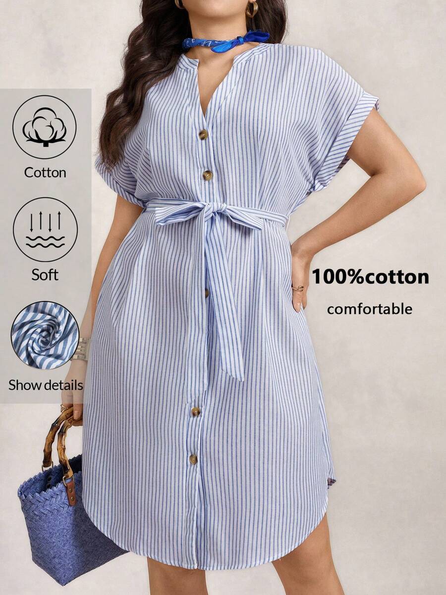 Zelara Vestido midi de rayas azules y blancas con lazo en la cintura para mujer de talla grande para el verano