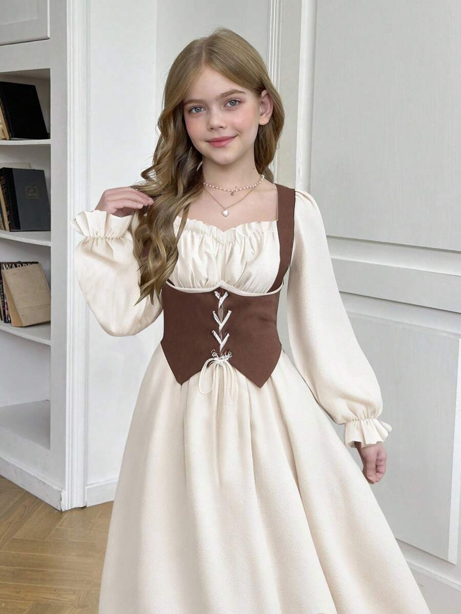 SHEIN Tween-Mädchen Nova Glow Midikleid mit kontrastfarbenem Blockdesign, Taille, Plissee-Brust, verstellbarem Riemen vorne, Rüschen, langen Ärmeln und quadratischem Ausschnitt, geeignet für zu Hause und draußen, für Herbst und Winter, Boho-Stil