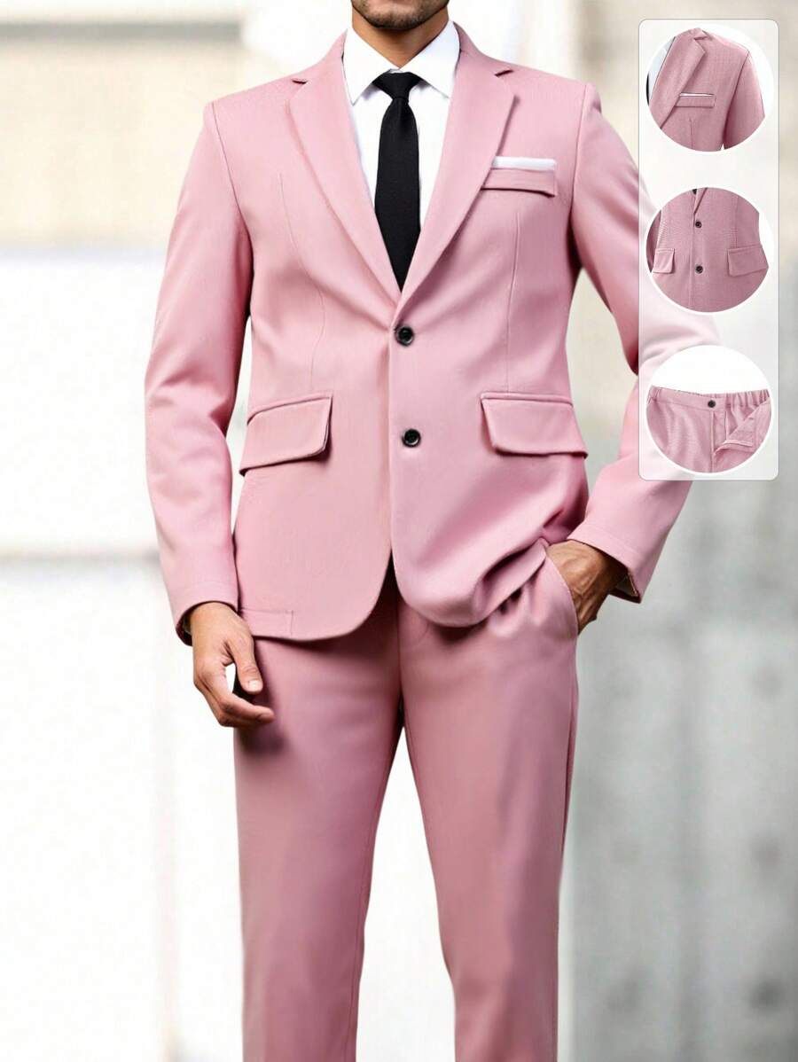 SHEIN Set de 2 piezas para adolescentes varones: Chaqueta estilo blazer a medida + Pantalón de vestir, conjunto formal, elegante, lujoso, apropiado para ocasiones de primavera y verano como fiesta de cumpleaños, gala, presentación, anfitrión, temporada de bodas (San Valentín, cumpleaños, boda, graduación, invitado de boda, pajecito, anillo de boda)
