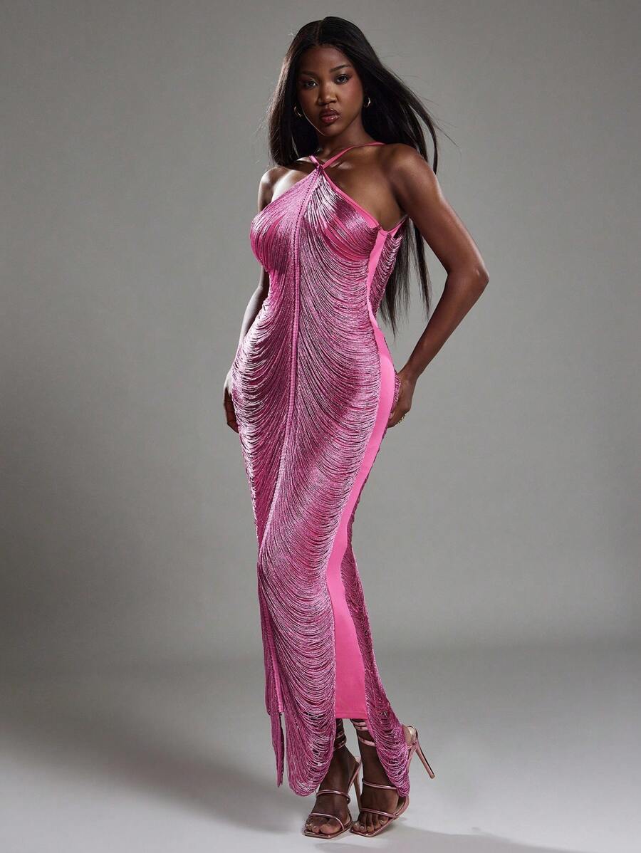 NYA SZN Dress Pink Metallic Ruched Halter Maxi Dress With Open Back & Slit For Night Out, Wedding Guest, Birthday, Holiday Party & Formal Events