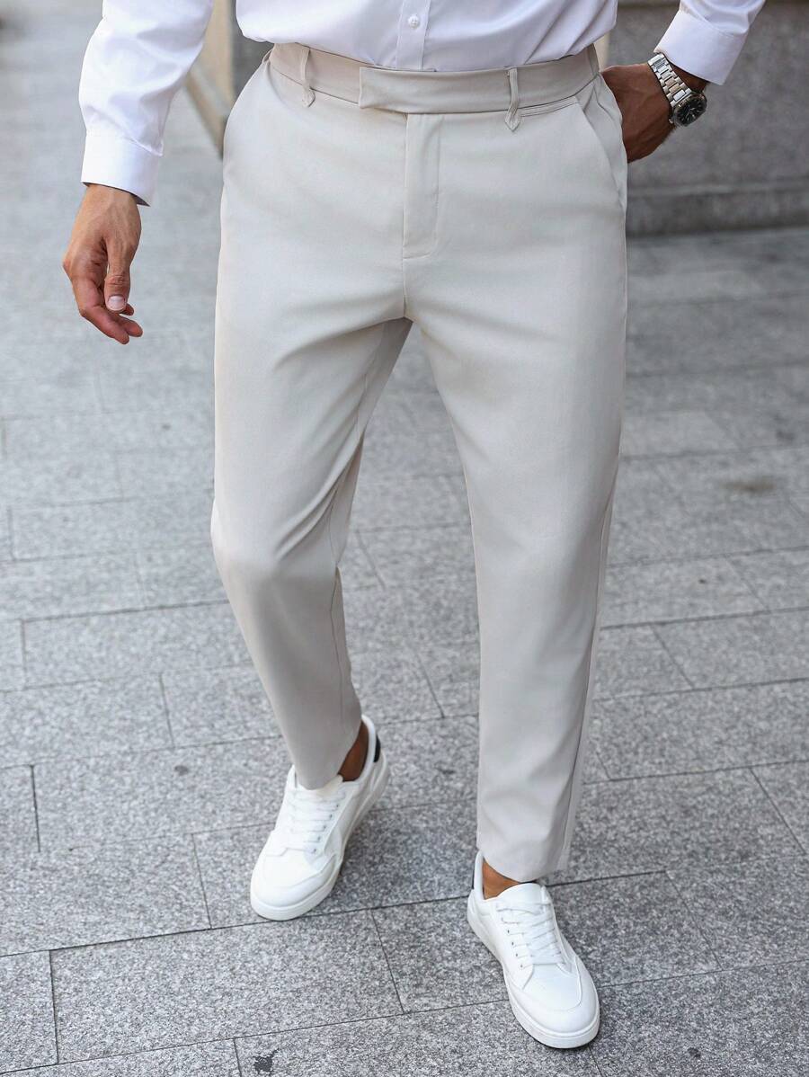 Manfinity Bizformal Pantalones casuales rectos con bolsillos lisos para hombre, adecuados para la oficina y el transporte