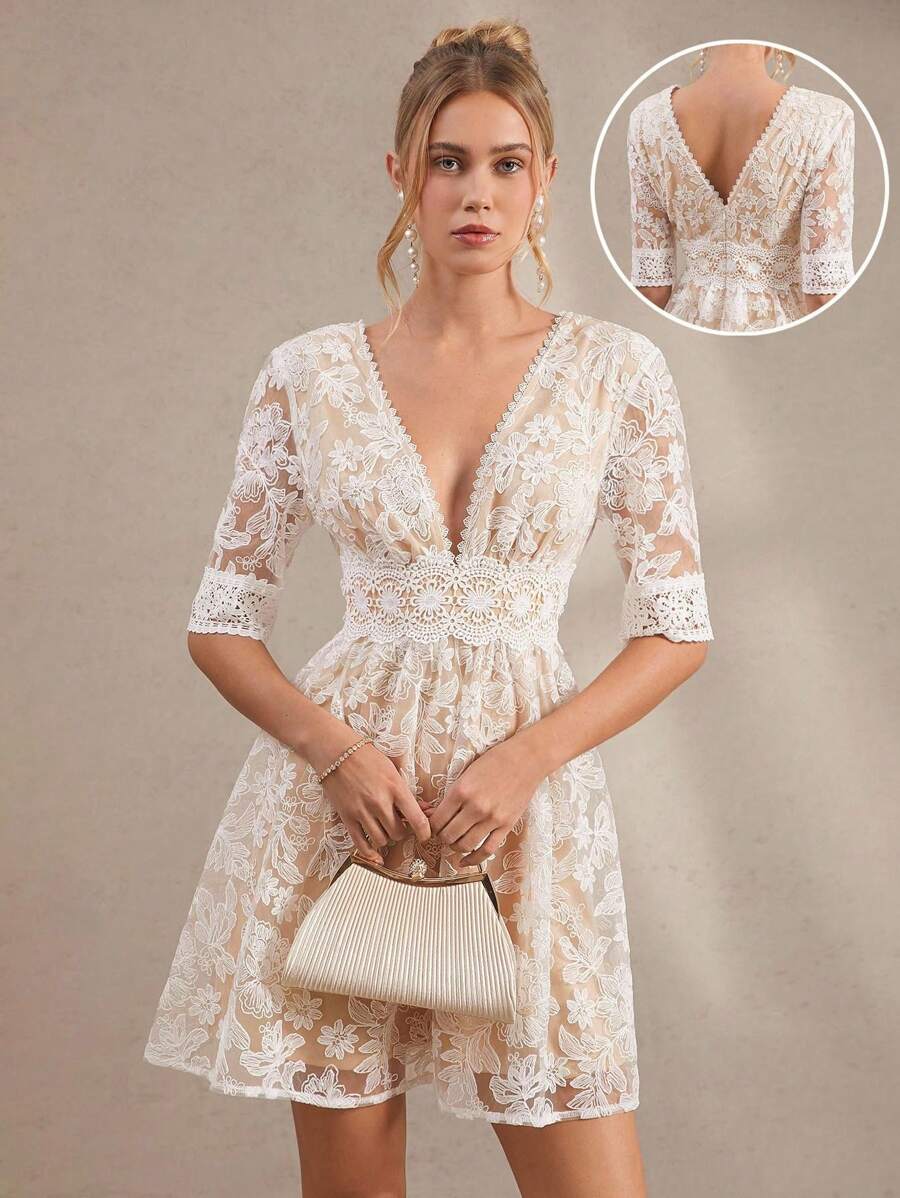 Amorya Vestido blanco evasé de mujer con escote en V y bordados, de estilo de moda elegante