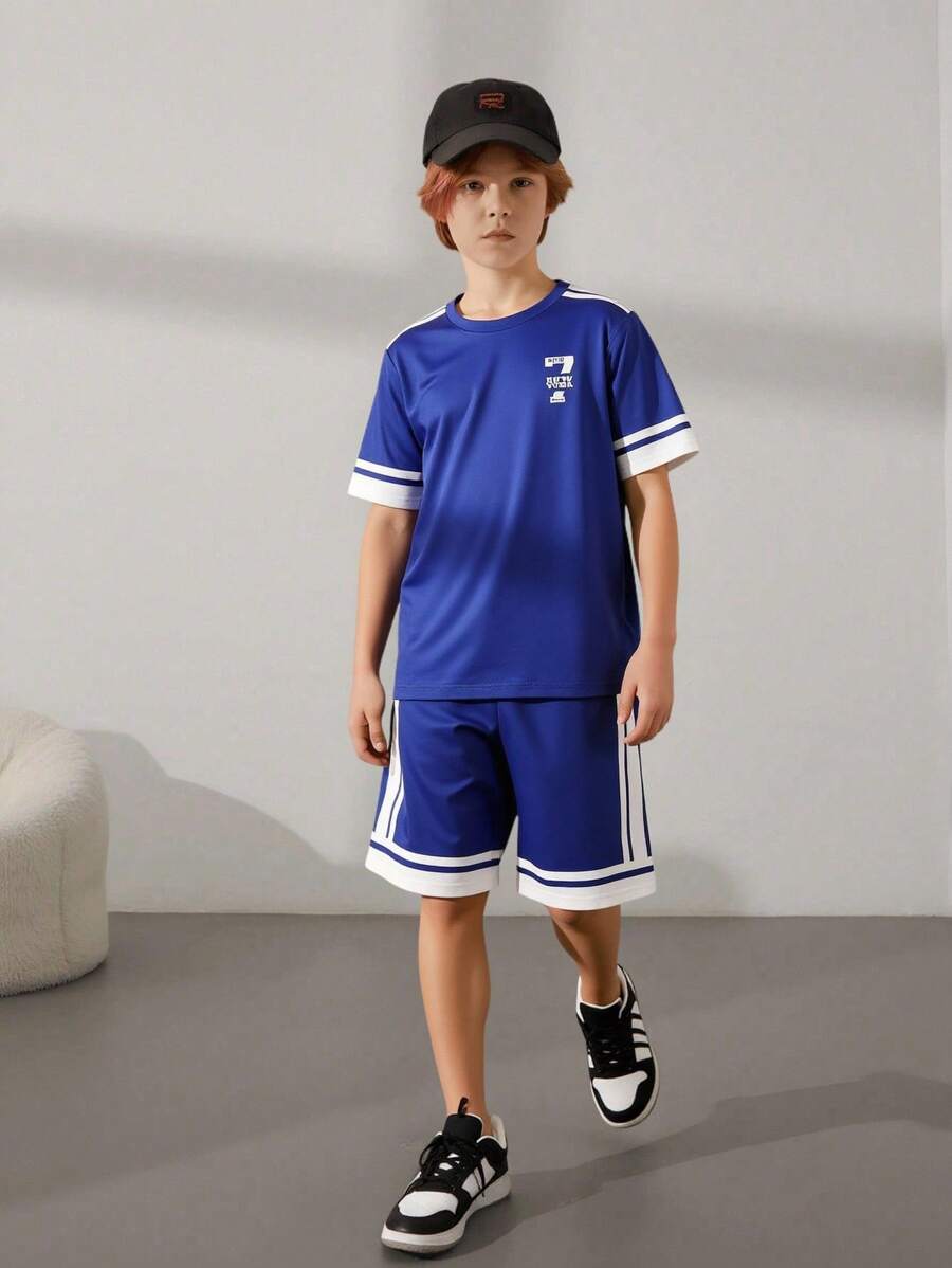 Explorewe Set 2 buc. Pantaloni scurți casual la modă pentru adolescenți, cu dungi albe duble, design simplu cu numărul 7, talie elastică, croială lejeră, confortabili pentru toamnă, primăvară, vară, potriviți pentru purtare zilnică, naveta, activități în aer liber, baschet, fotbal, școală, streetwear, petreceri și ședințe foto