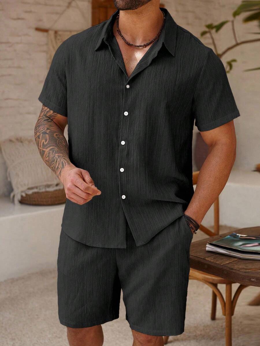 ResortEase Conjunto de camisa de manga corta con botón delantero y pantalones cortos con bolsillos de unicolor talla grande para hombre