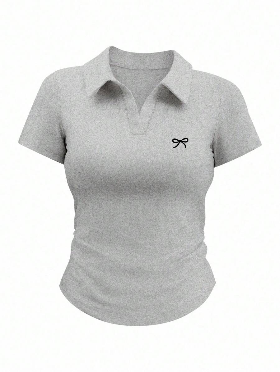 SHEIN EZwear Women Casual Minimalist Bow Printed Short Sleeve T-Shirt