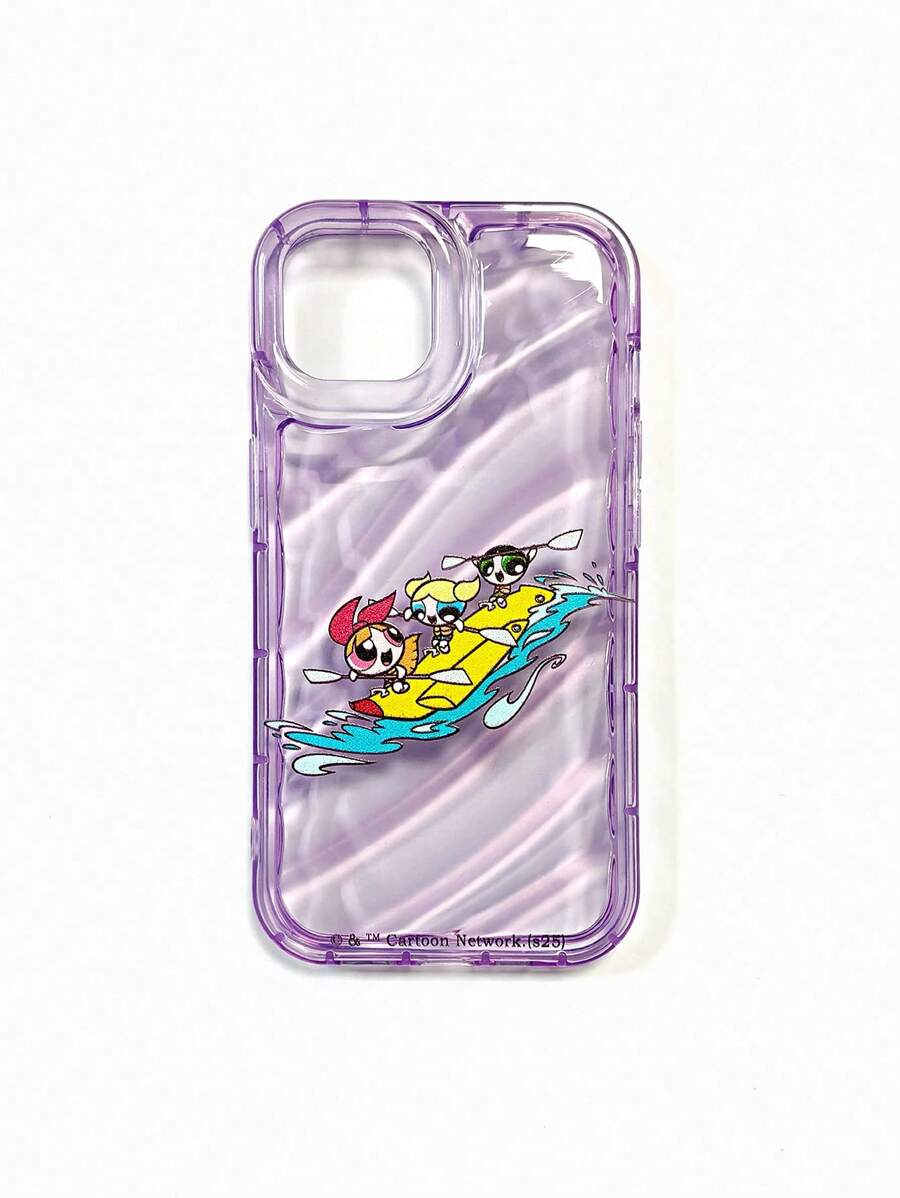 THE POWERPUFF GIRLS X SHEIN Funda de teléfono transparente de color púrpura con patrón de Flor, Burbuja y Mantequilla, compatible con iPhone