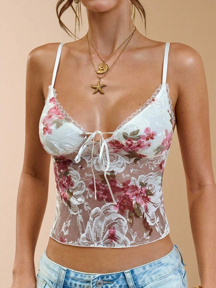 SHEIN BAE Débardeur en dentelle à col V profond semi-transparent sexy pour femmes, débardeur élégant, débardeur d'été, tenue décontractée