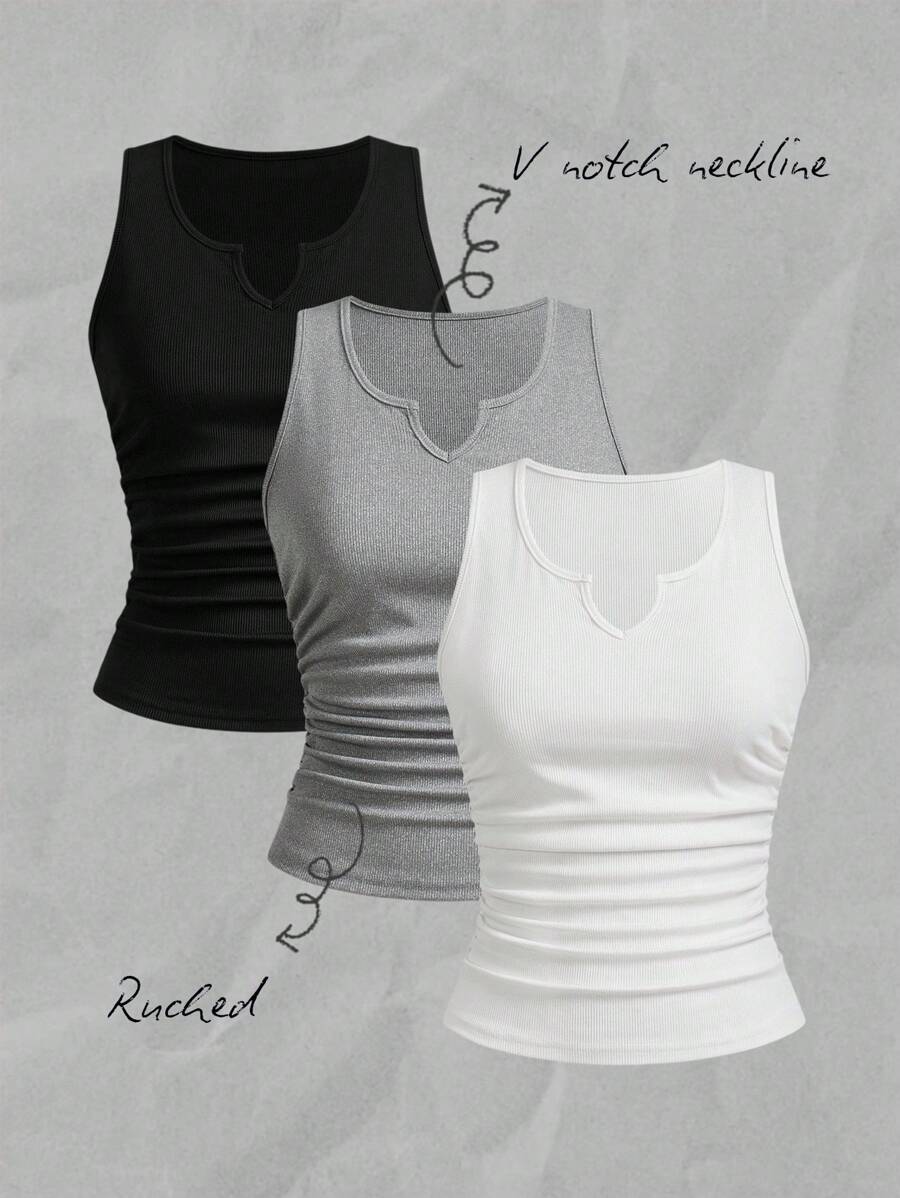 Slaydiva 3pcs/Set Women Casual Deep Notched Neck Ruched Fitted Camisole Set, Suitable For Summer