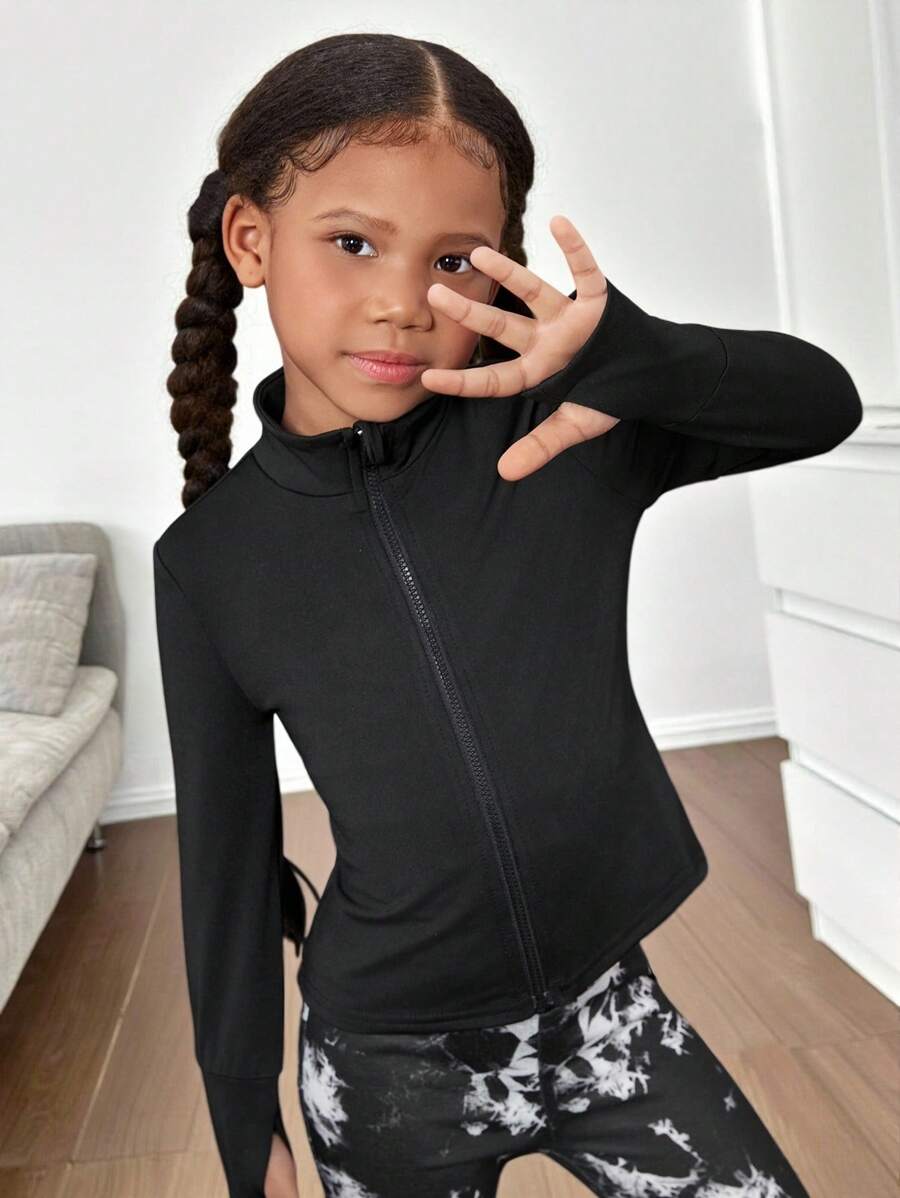 SHEIN Tricou sport cu mânecă lungă, tricotat, culoare solidă, pentru fete tinere, stil sport, cu fermoar, stil casual, elastic, cu fermoar frontal, decolteu înalt și mâneci lungi, croială strâmtă, pentru purtare zilnică. Excelent pentru ținute casual și zilnice și pentru școală, jachete școlare, toamnă.