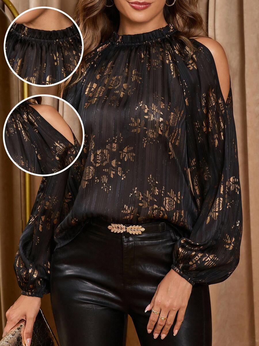 Amorya Blusa de mujer elegante con bordados florales de gasa, con mangas abullonadas descubiertas los hombros, adecuada para uso diario, cóctel, fiesta, Halloween y otras ocasiones, de fondo gris y negro, blusas de manga larga
