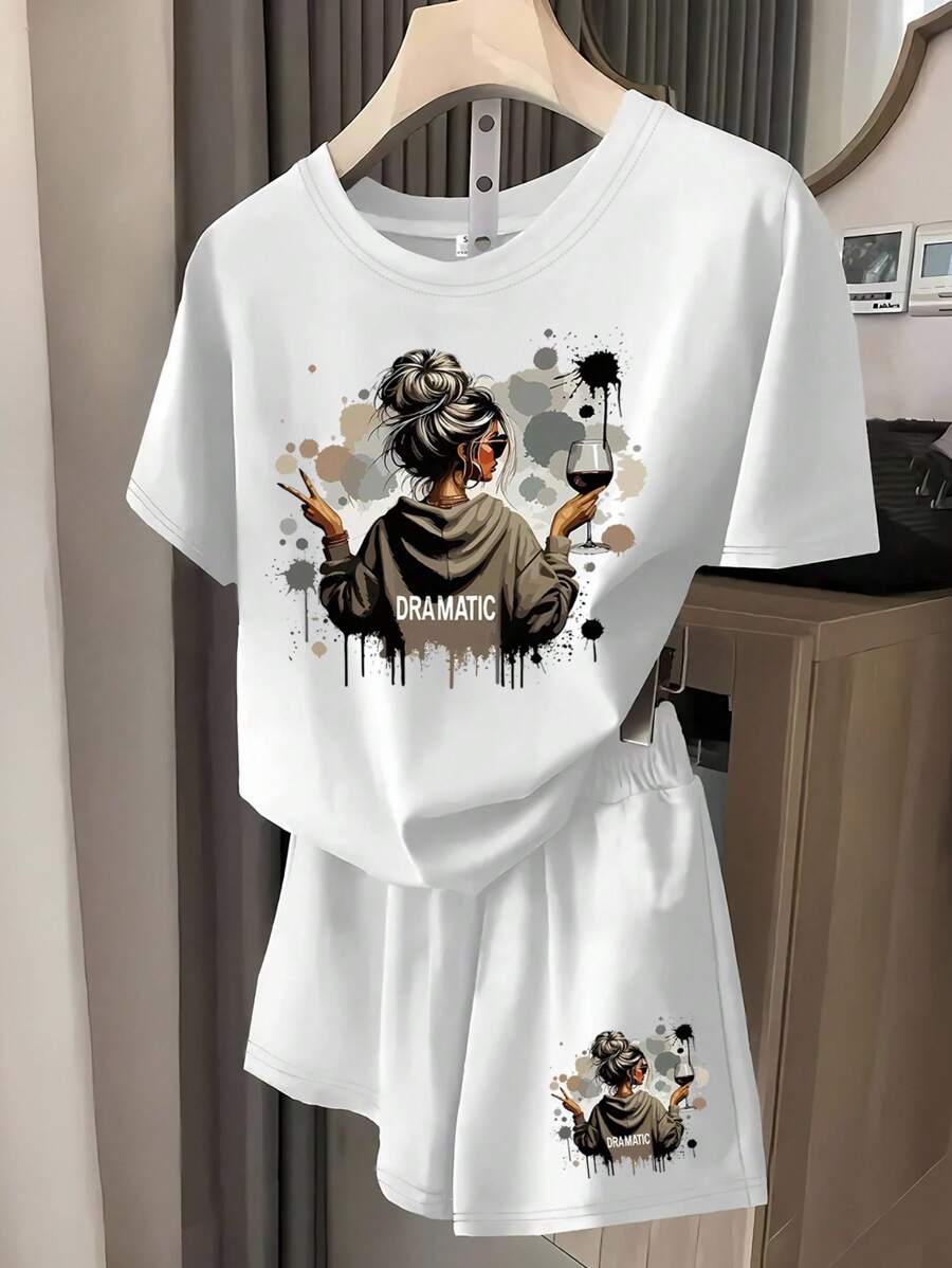 2pcs Set Women Dramatic Sarcasm Slogan Funny Graphic Print Casual Outfit, Suitable For Daily Wear