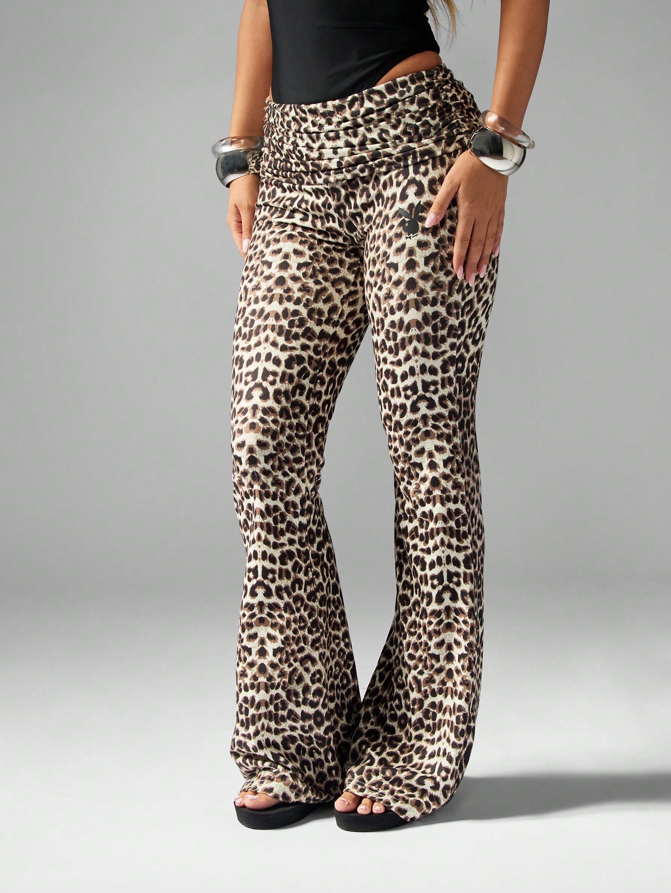 Missguided x Playboy Leopard Print Bell Bottom Leggings With Fold Over Waist