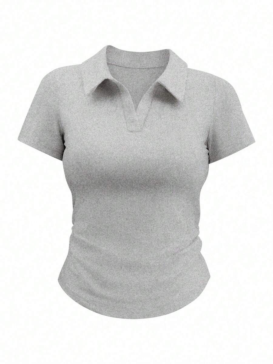 INAWLY Women's Solid Color Collared Short Sleeve Casual Ruched T-Shirt
