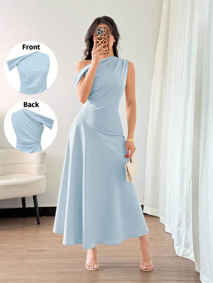 Elenzga Vestido elegante, de moda y lindo de estilo bohemio francés con volante asimétrico en el hombro y diseño entallado y acampanado en color verde macaron, adecuado para ocasiones de verano como vacaciones, graduación, Día de la Independencia, citas, vacaciones