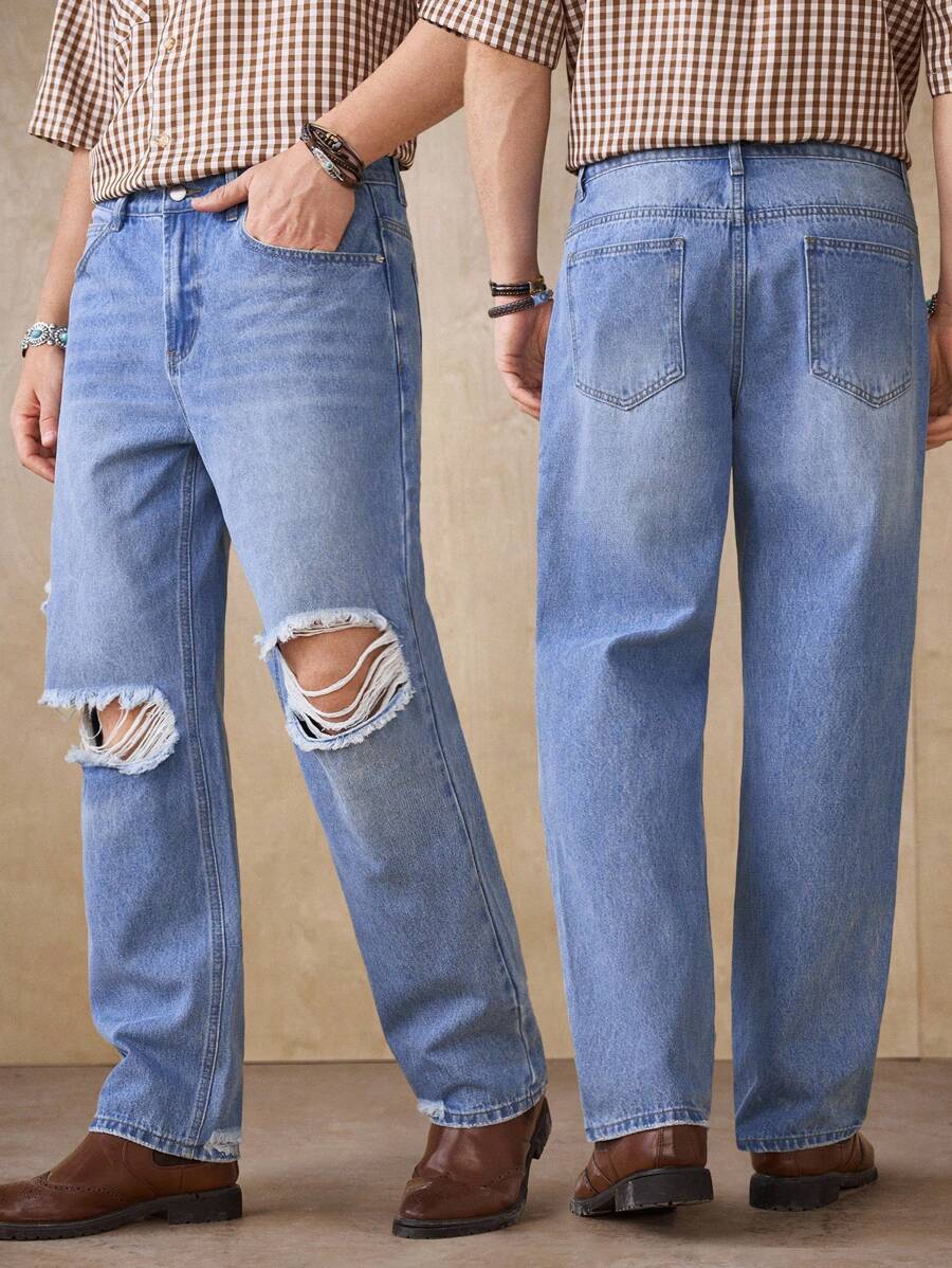 RivetRise Jeans dritti da uomo di colore blu chiaro consumati