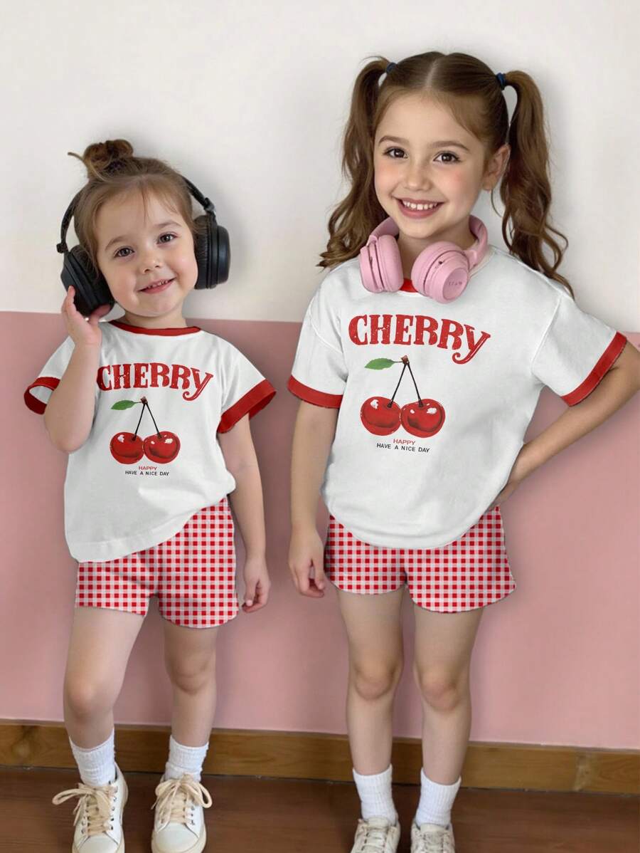 2pcs/Set Toddler Girls' Casual Fashion Creative Red & White Cherry Print Short Sleeve T-Shirt And Shorts Outfit, Sibling Matching Clothes (2 Pieces Sold Separately) Cherry Clothes For Baby Girl Cherry Toddler Outfit Cherry Baby Clothes Short Sets For Girls