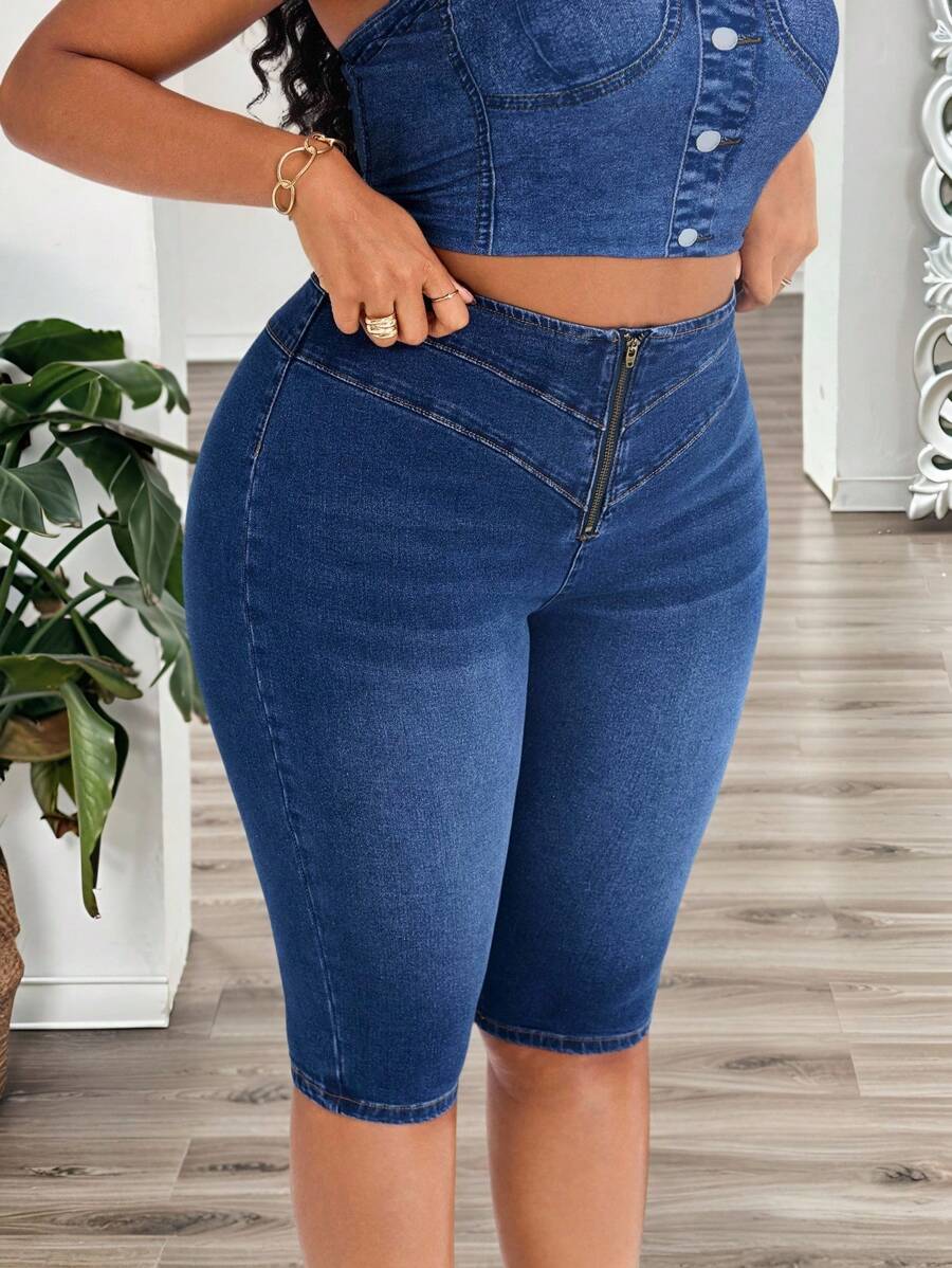 SHEIN SXY Plus Size Autumn Women High Waist Zipper Personalized Fashion Cropped Jeans Vacation Outfit
