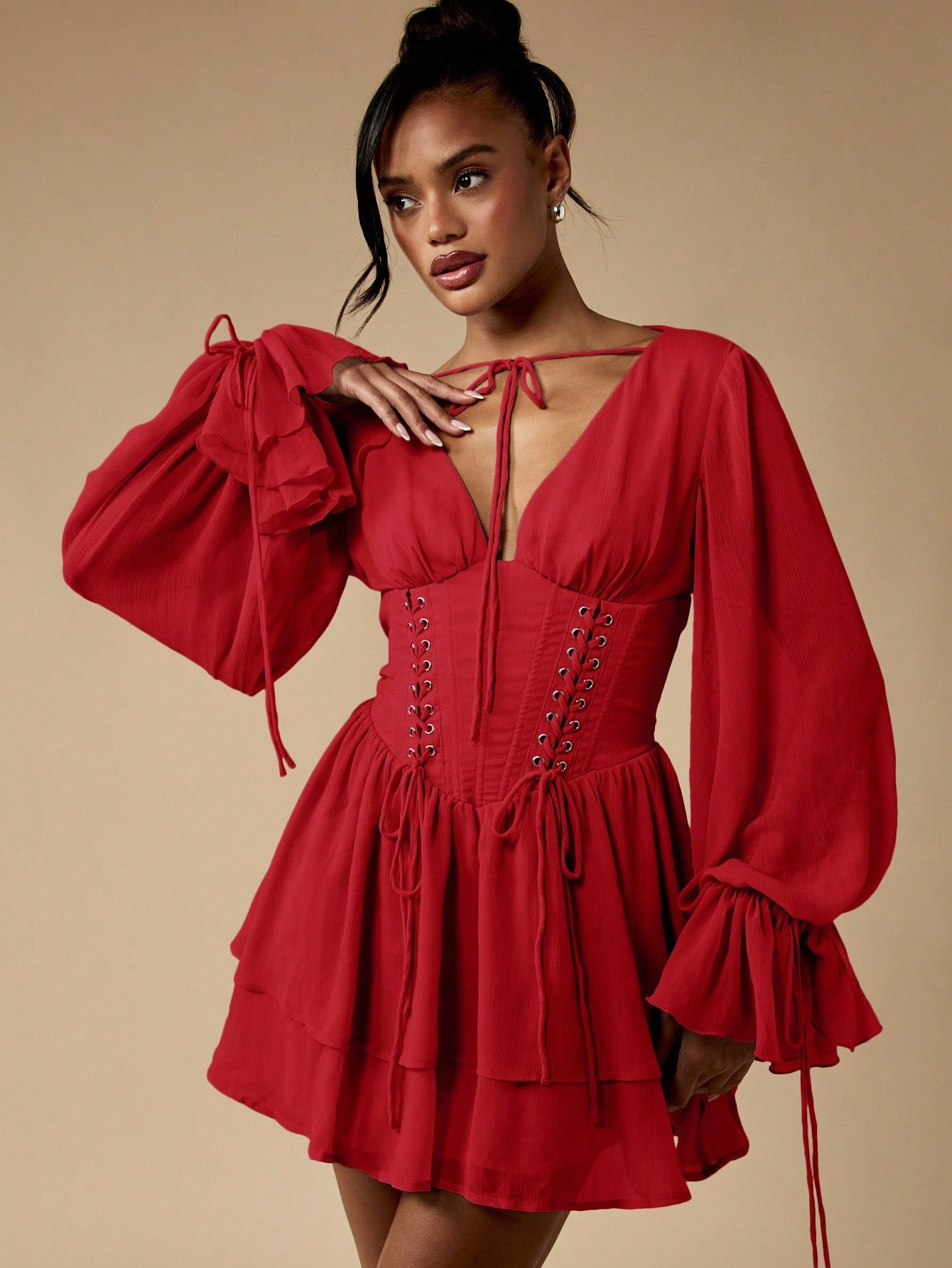 MISSGUIDED Corset Mini Dress With Balloon Sleeves And Lace Up Detail