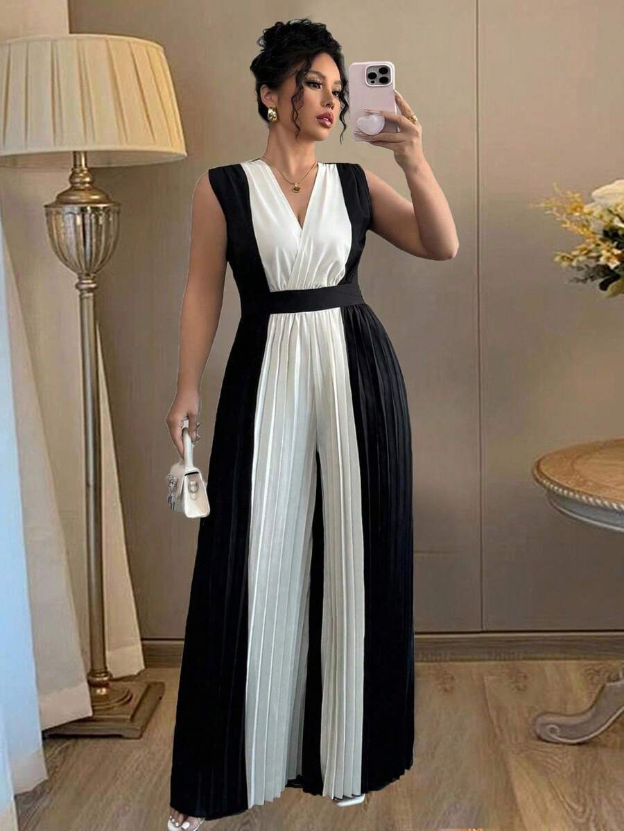 Auvina Tuta ampia da donna con vita stretta, scollo a V e pieghe, taglia forte, elegante per uso quotidiano, casual, pendolare e vacanza