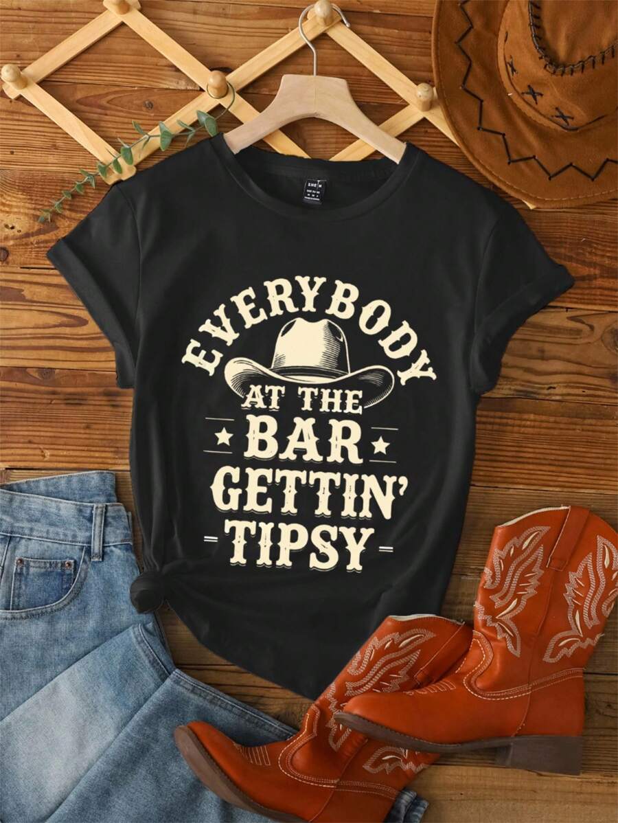 SHEIN LUNE Western Elements Letter Slogan Round Neck Short Sleeve Plus Size T-Shirt