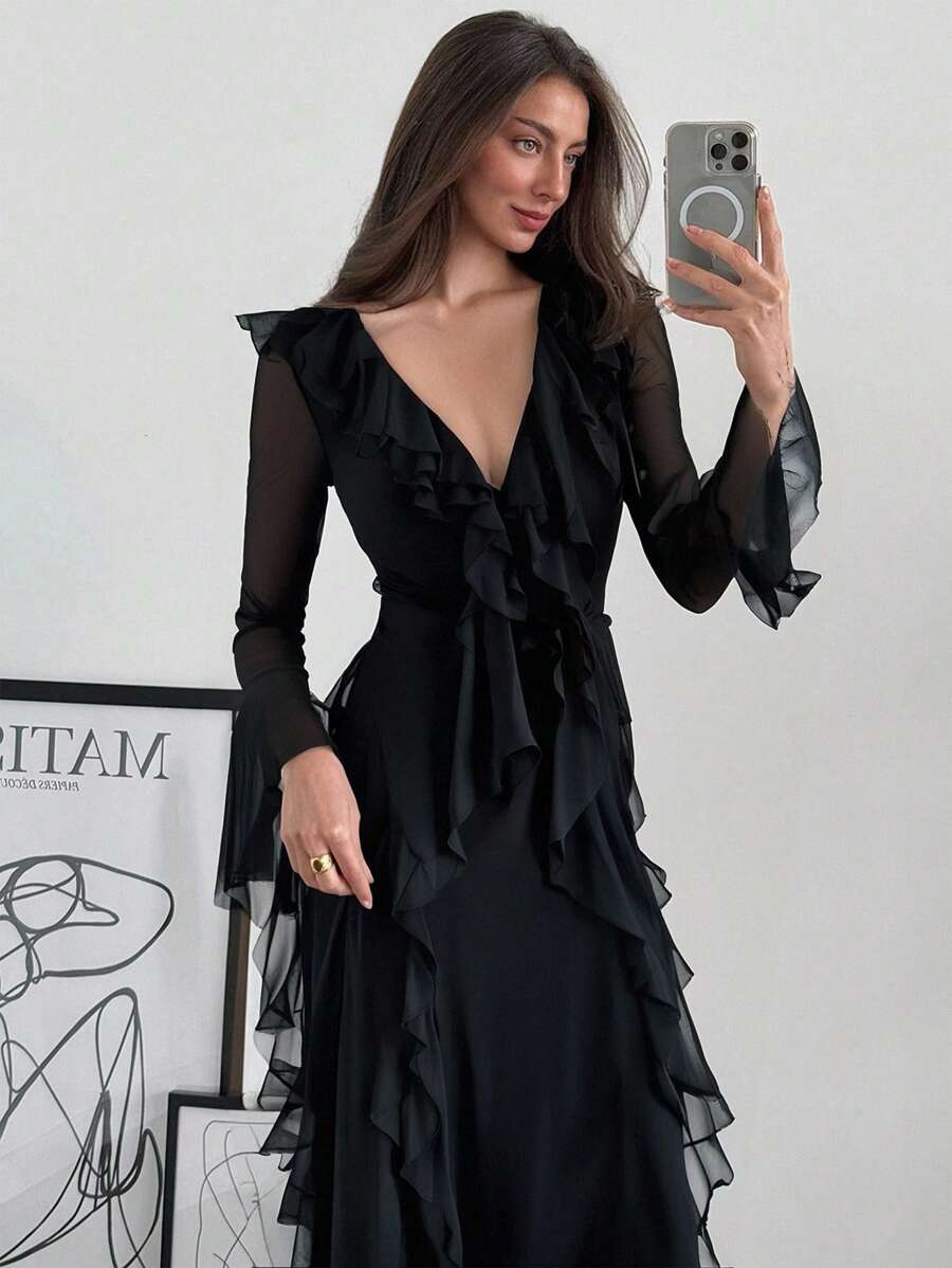 Aloruh Women's Fashion Elegant Arabic Style Long Sleeve Dress Black Knitted Dress Date Party Business Commuting Casual Simple Solid Color Dress Mesh Deep V Neck Sexy Ruffle Hem Romantic Dress Maxi Dress Bodycon Dress,Suitable For Spring And Summer,Graduation,Teacher Outfits For Women,Teacher Dress